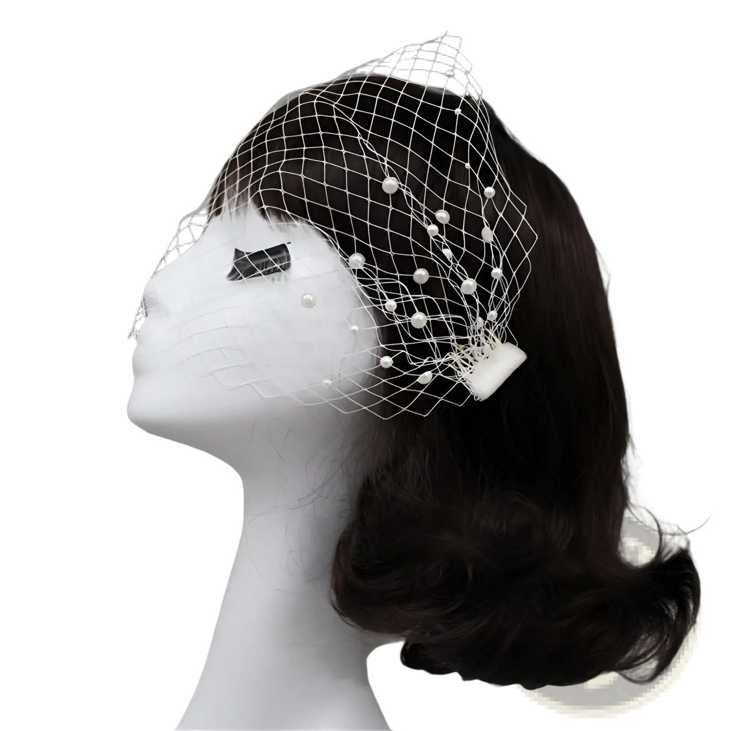 Short Pearl Beaded Mesh Bridal Veil with Gold Hair Comb