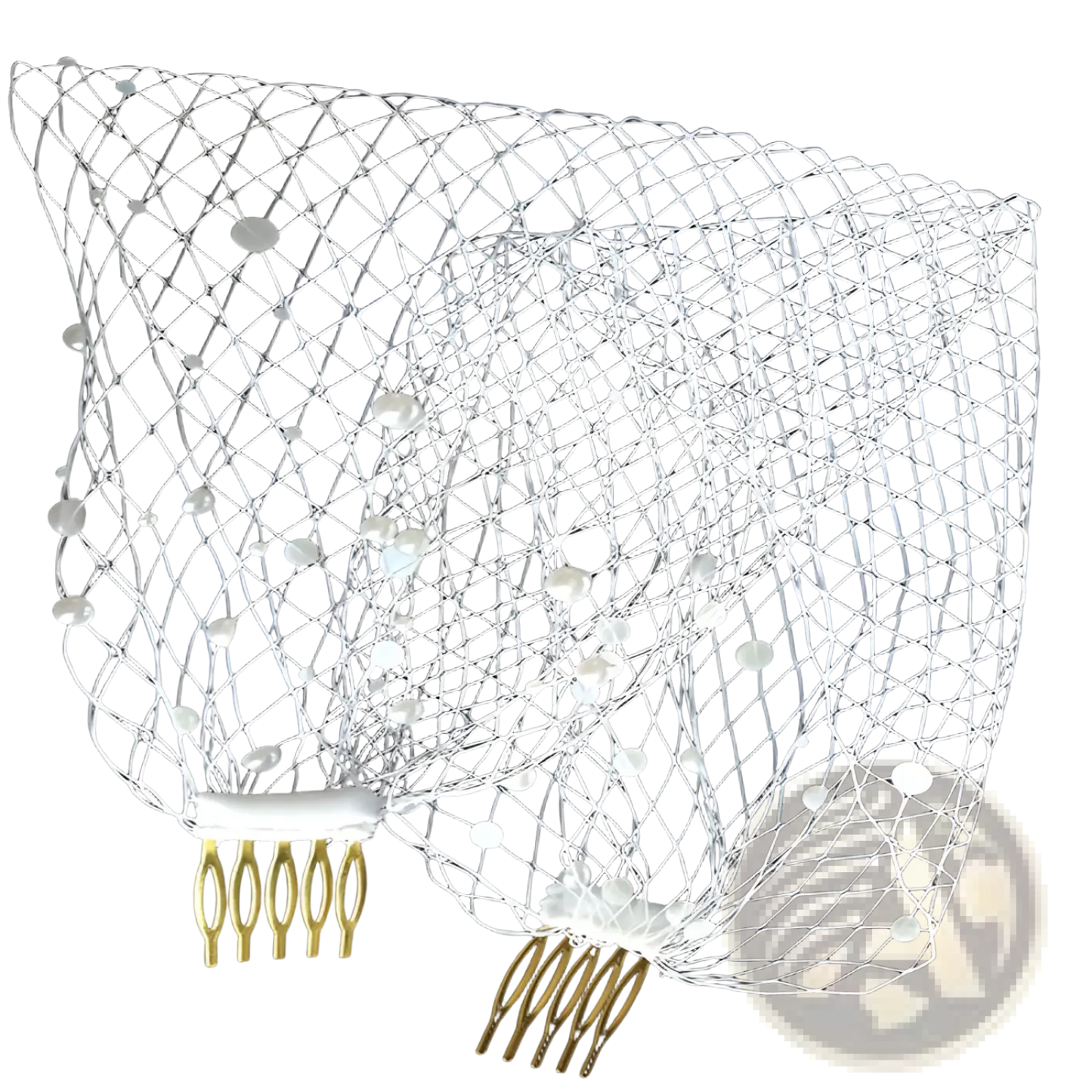 Short Pearl Beaded Mesh Bridal Veil with Gold Hair Comb