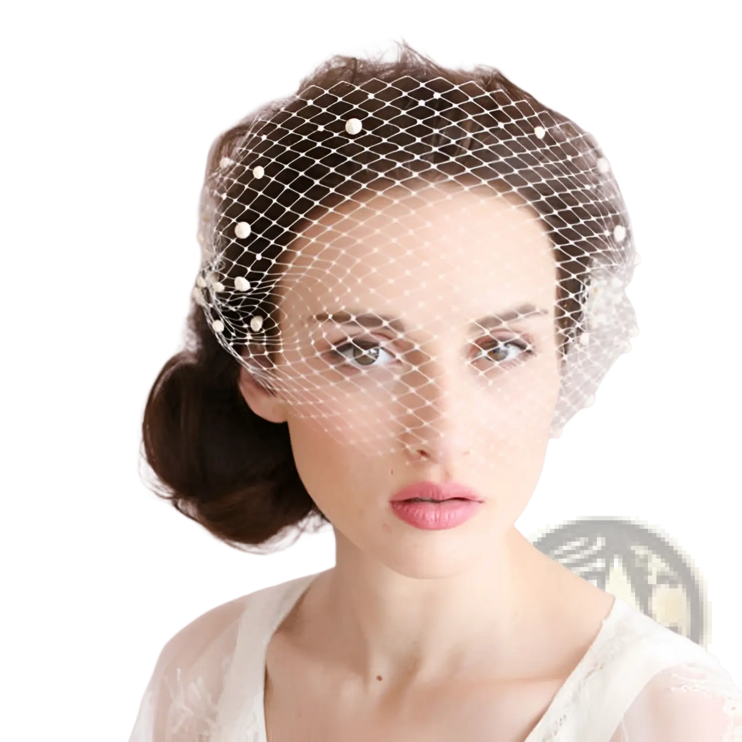Short Pearl Beaded Mesh Bridal Veil with Gold Hair Comb
