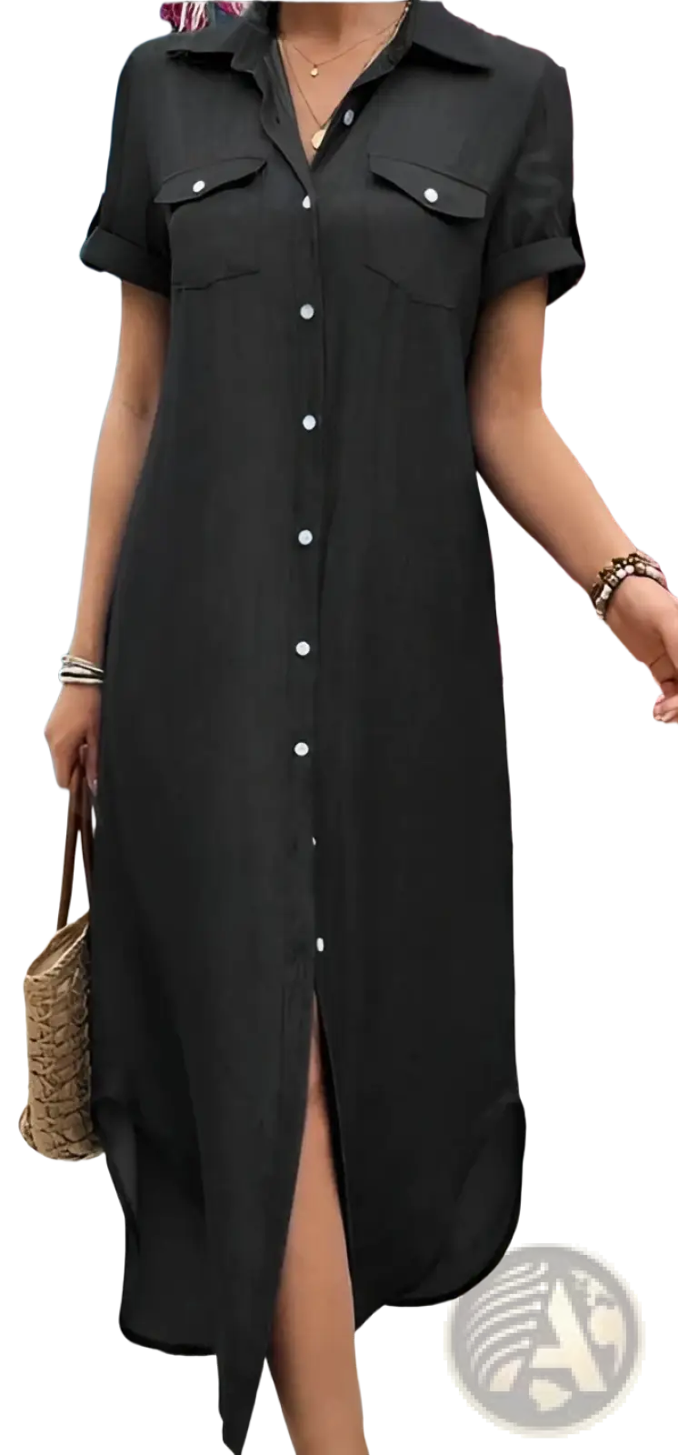 Short Sleeve Button Down Side Slit Shirt Dress