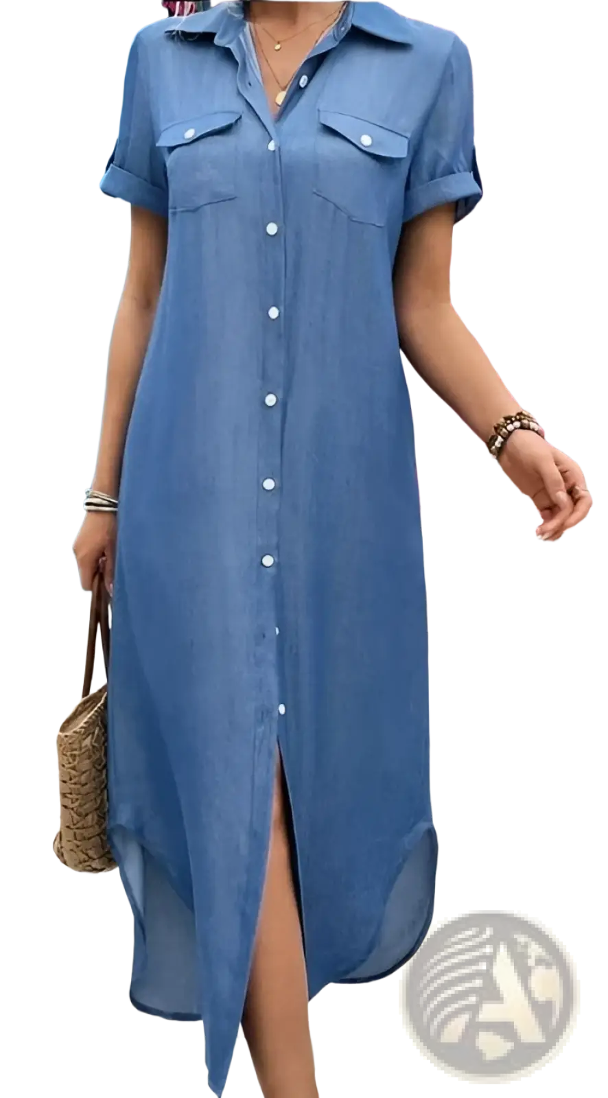 Short Sleeve Button Down Side Slit Shirt Dress