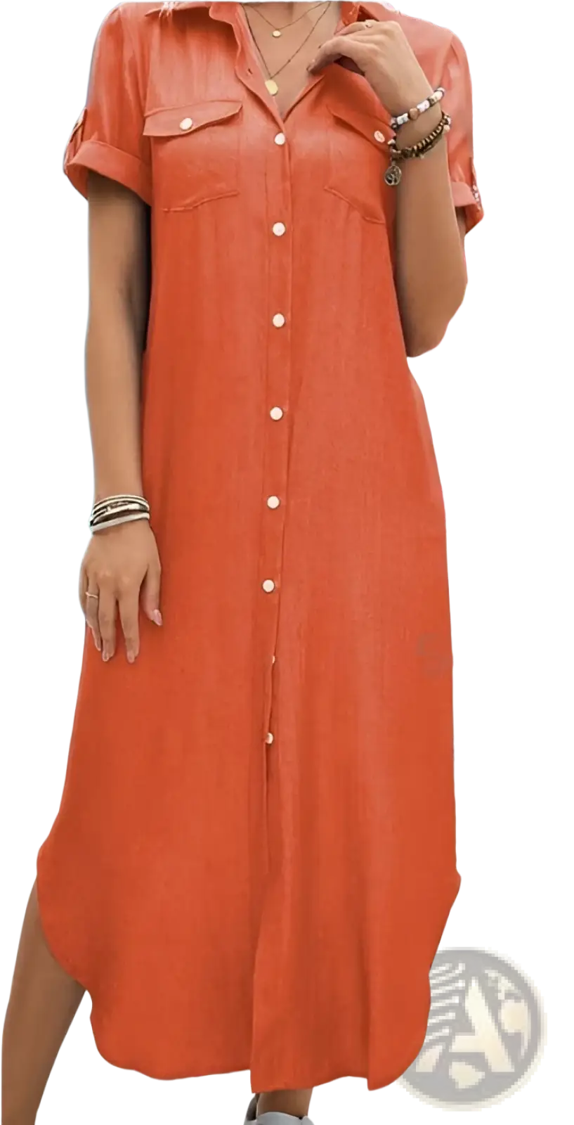 Short Sleeve Button Down Side Slit Shirt Dress