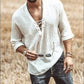 Men's White Linen Lace Up v Neck Short Sleeve Shirt