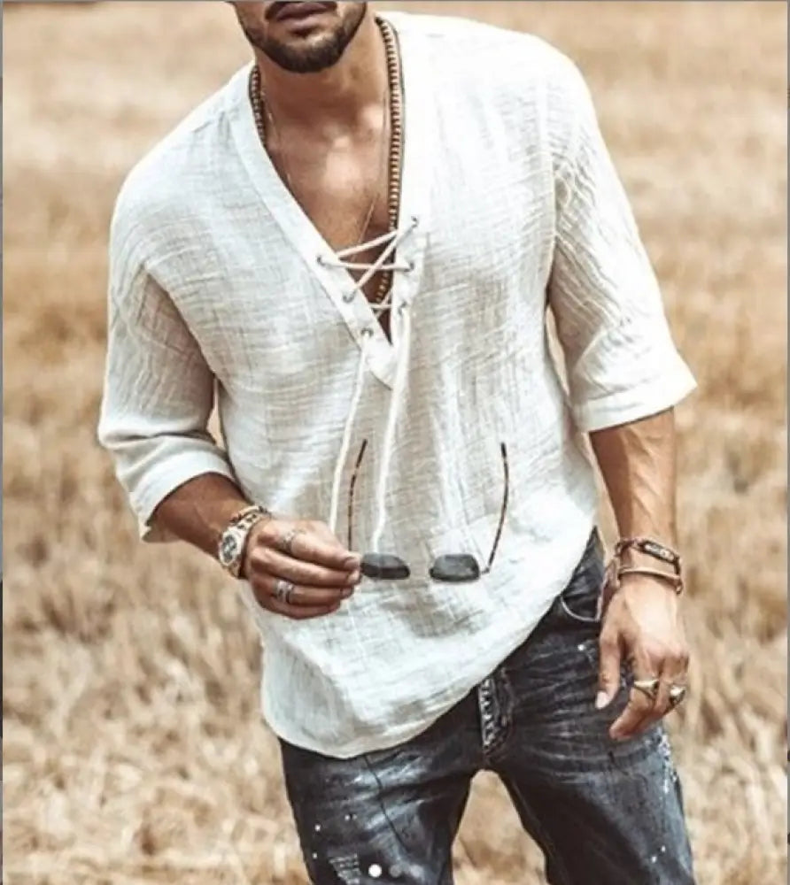 Men's White Linen Lace Up v Neck Short Sleeve Shirt