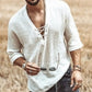 Men's White Linen Lace Up v Neck Short Sleeve Shirt