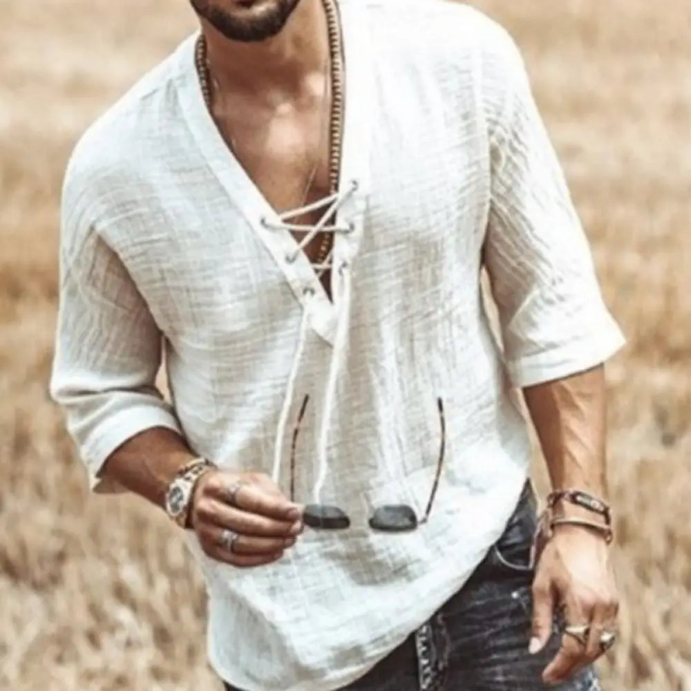 Men's White Linen Lace Up v Neck Short Sleeve Shirt