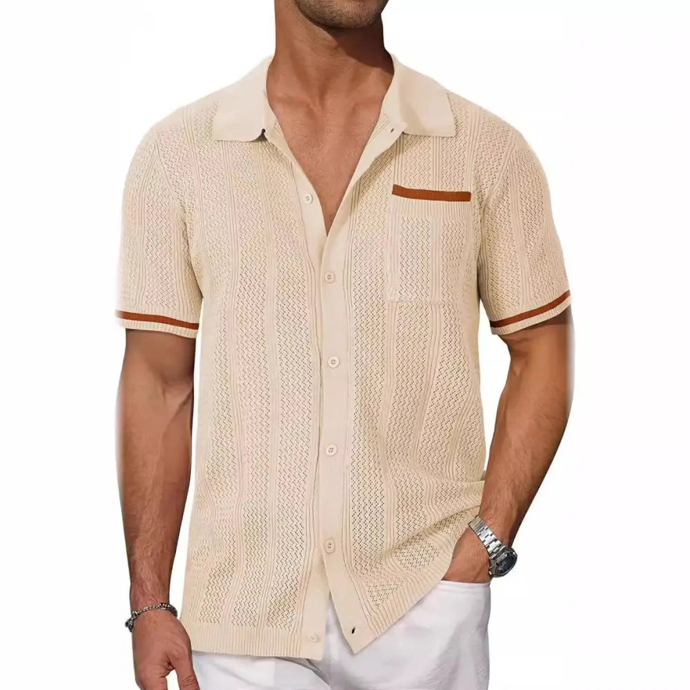 Men's Beige Hollow Knit Short Sleeve Cardigan Shirt