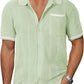 Men's Beige Hollow Knit Short Sleeve Cardigan Shirt