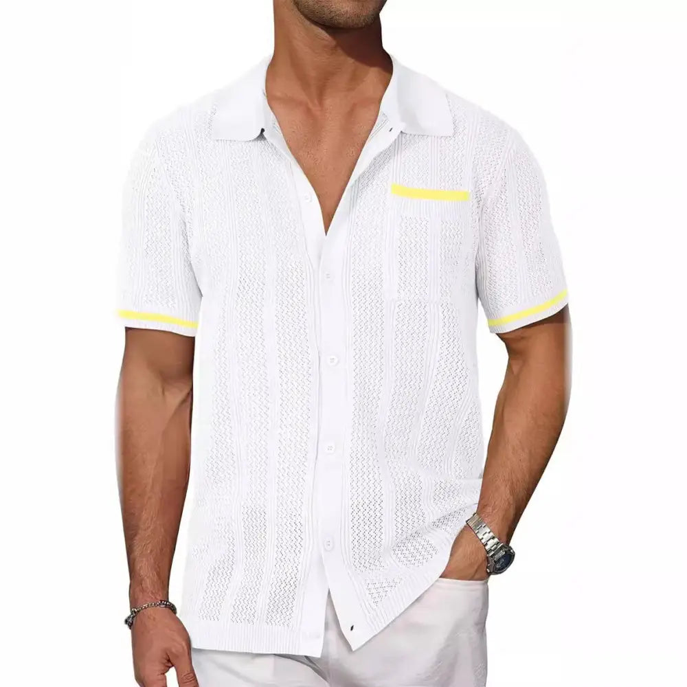Men's Beige Hollow Knit Short Sleeve Cardigan Shirt