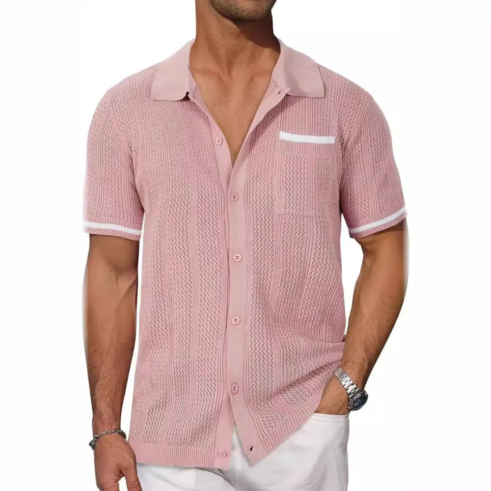 Men's Beige Hollow Knit Short Sleeve Cardigan Shirt