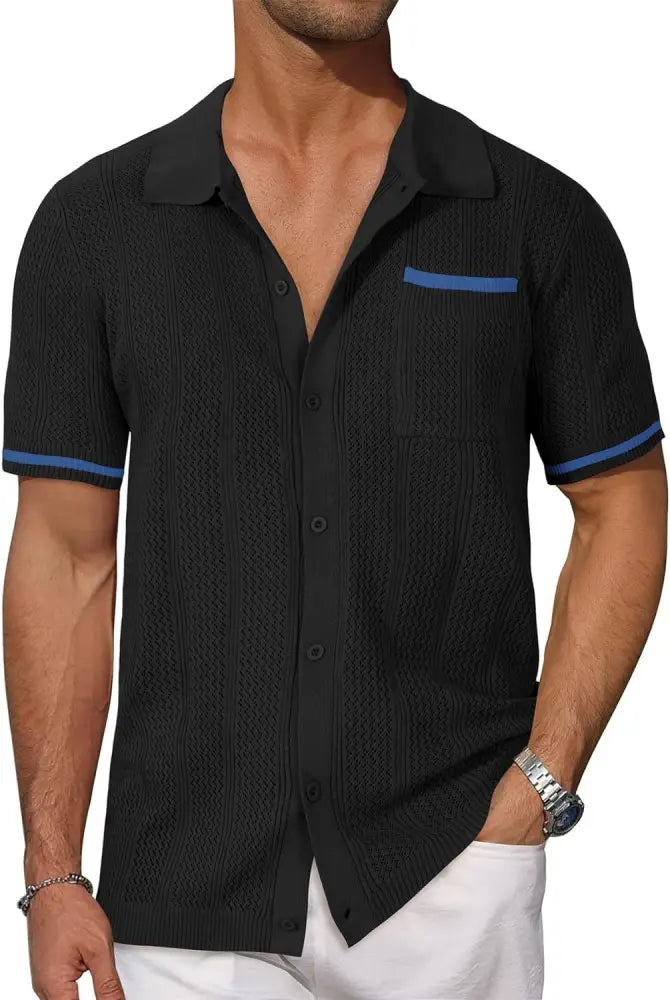 Men's Beige Hollow Knit Short Sleeve Cardigan Shirt
