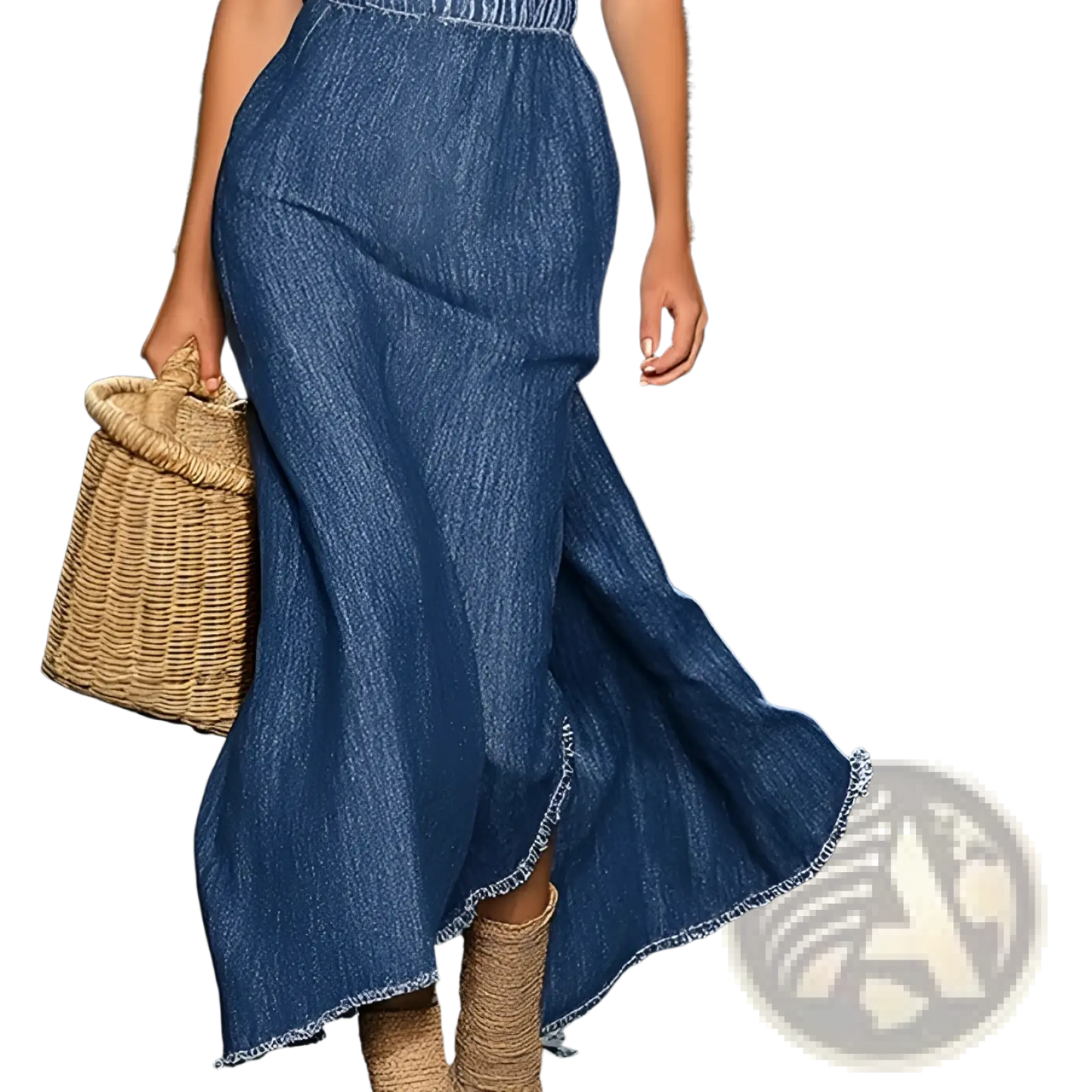 One Shoulder Floral Denim Maxi Dress