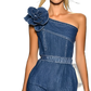 One Shoulder Floral Denim Maxi Dress