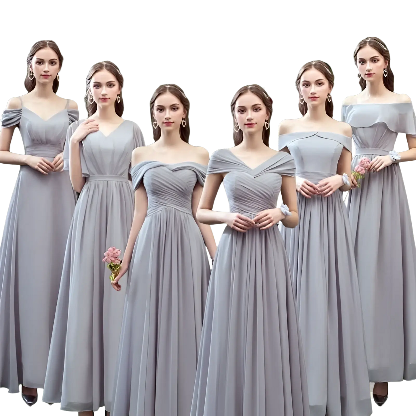 Off-the-shoulder Gray Chiffon Floor Length Bridesmaid Gown