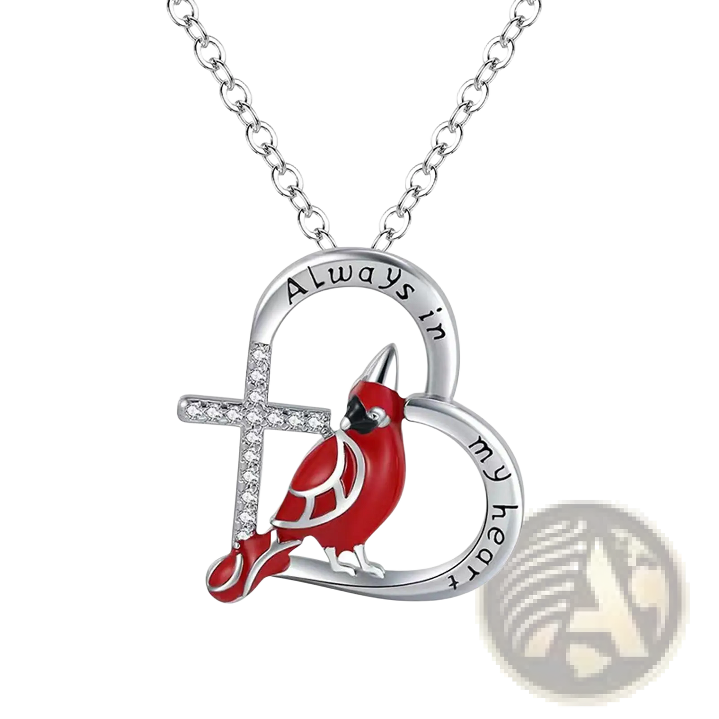Silver Cardinal Heart Engraved Pendant Necklace