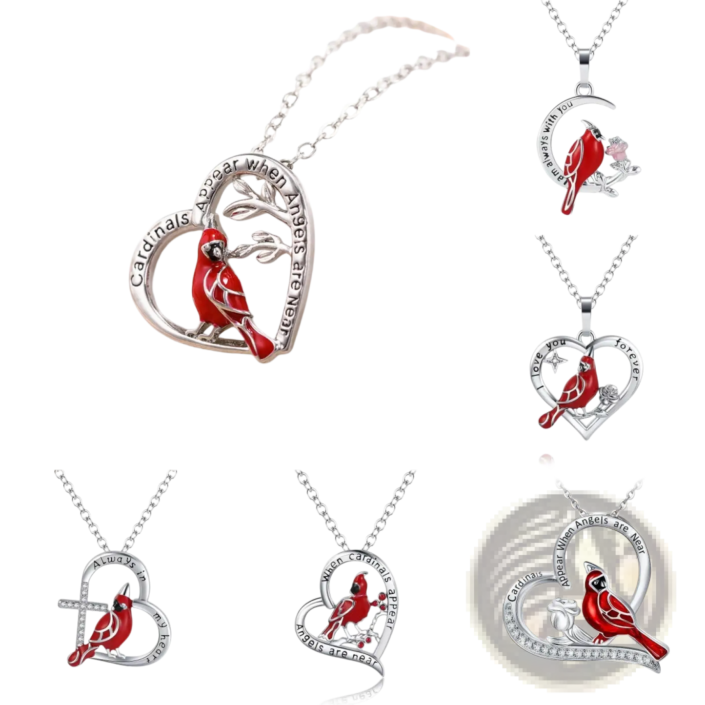 Silver Cardinal Heart Engraved Pendant Necklace