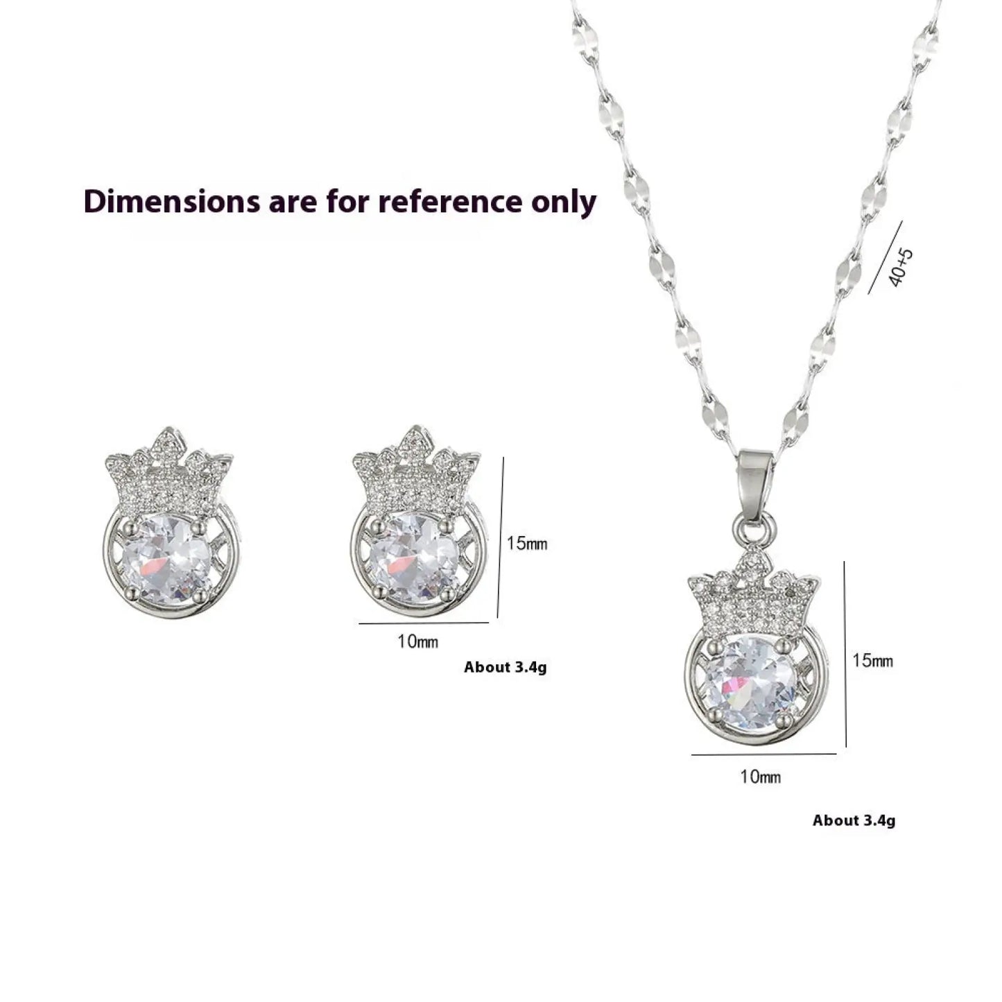 Silver Crown Zircon Necklace and Earring Jewelry Set