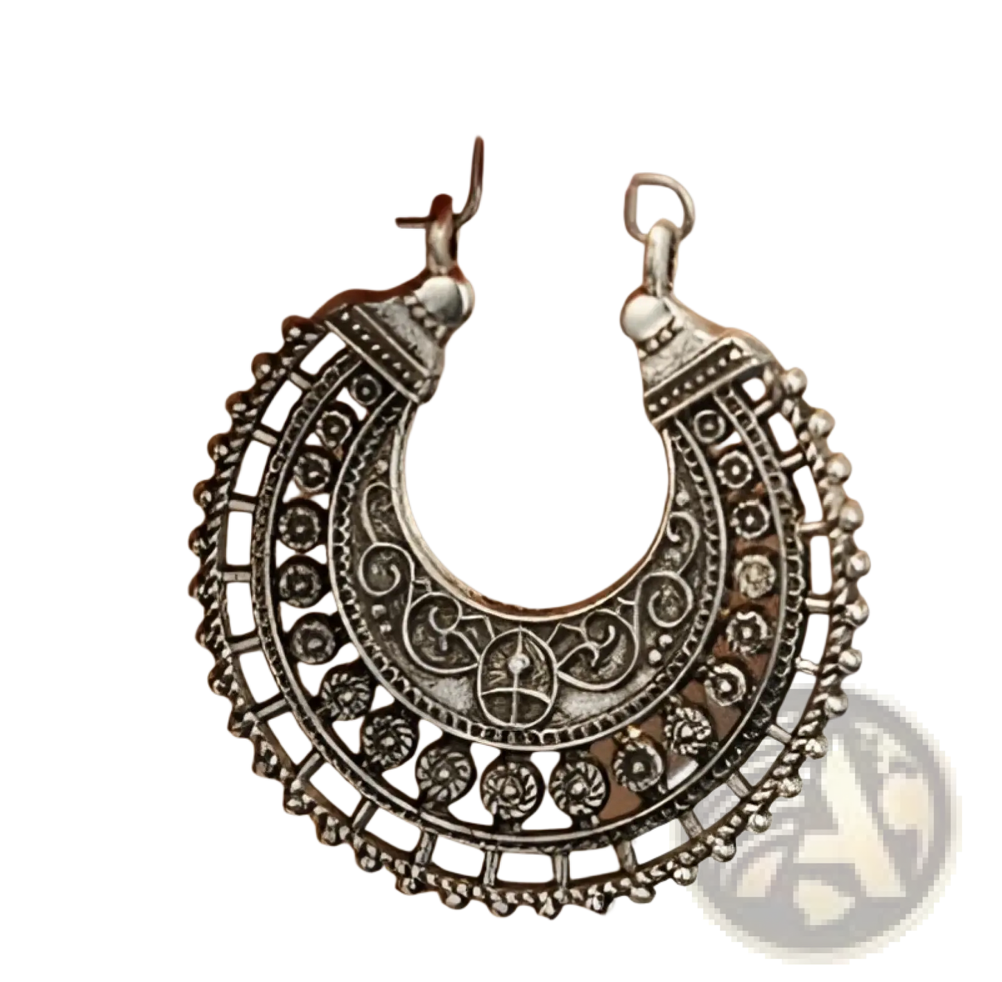 Silver Filigree Mandala Crescent Hoop Earrings