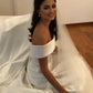 Off the Shoulder Satin a Line Wedding Gown with Sweep Train