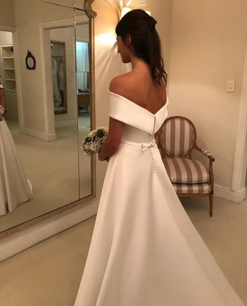 Off the Shoulder Satin a Line Wedding Gown with Sweep Train