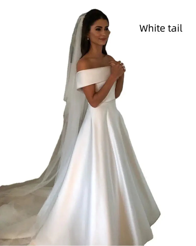 Off the Shoulder Satin a Line Wedding Gown with Sweep Train