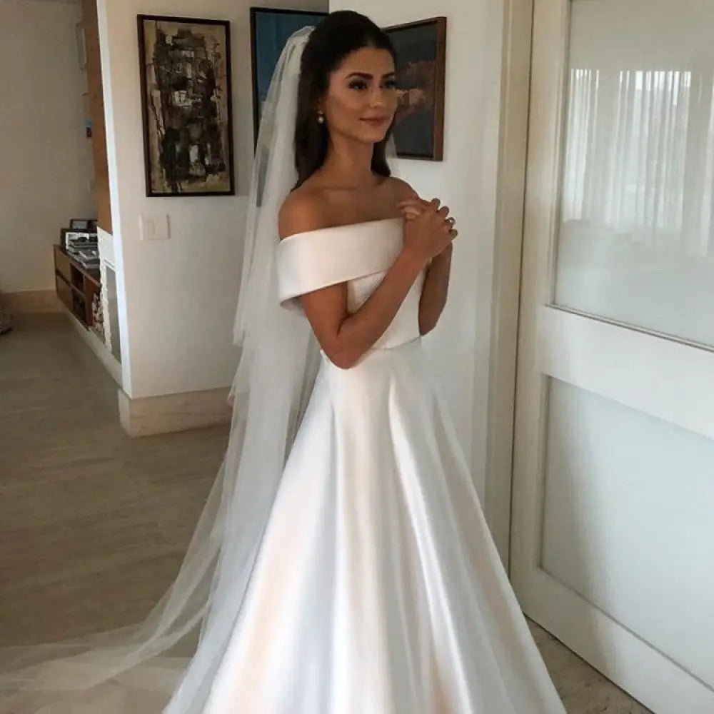 Off the Shoulder Satin a Line Wedding Gown with Sweep Train