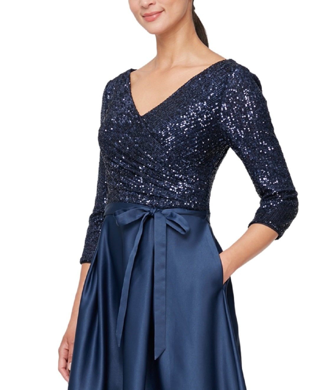 Alex Evenings Women's Sequined Bodice Midi Dress Blue Size 6
