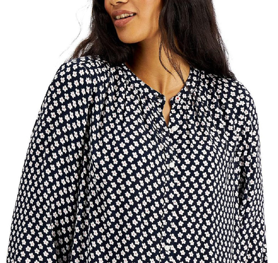 Tommy Hilfiger Women's Floral Bishop Sleeve Button Down Top Blue Size Small