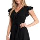 CeCe Women's Cotton Blend Belted Pleated Pullover Style Flutter Sleeve V Neck Midi Evening Fit Flare Dress Black Size Large