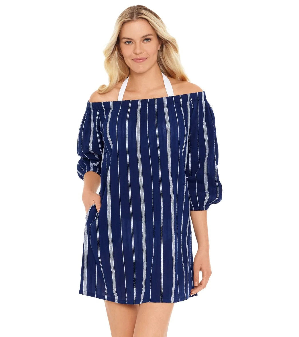 Ralph Lauren Women's Slub Stripe Off The Shoulder Cover Up Dress Blue Size Small
