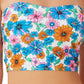 California Waves Women's Wall Paper Floral Long Line Bandeau Top Swimsuit Blue