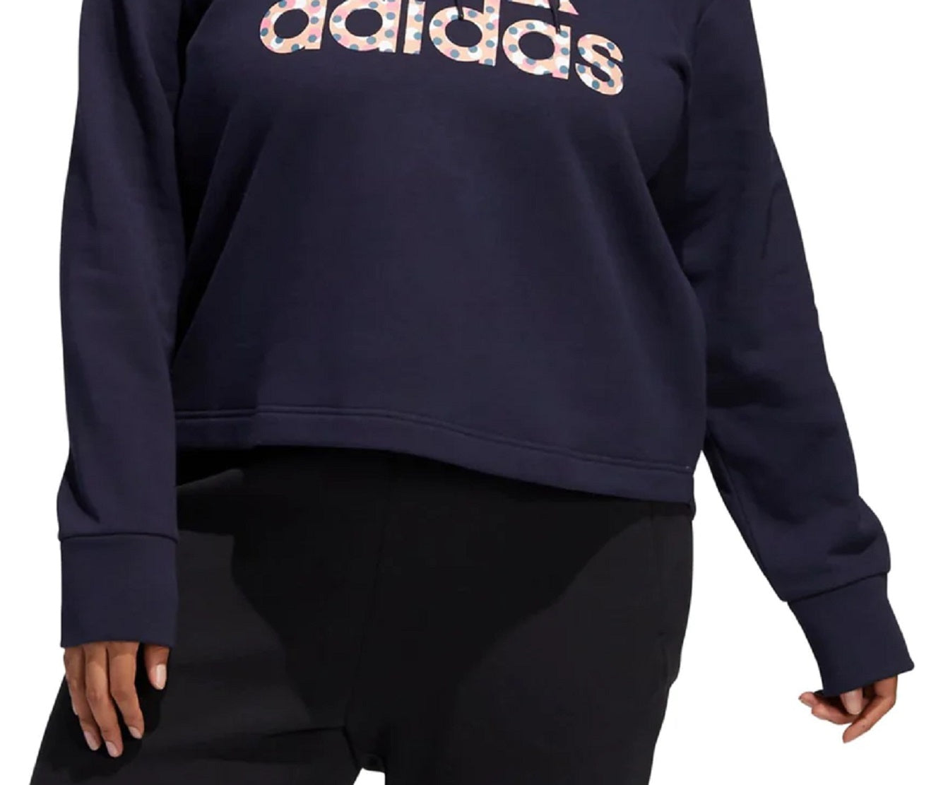 adidas Women's Fleece Ribbed Drawstring Hood Step Logo Graphic Sweatshirt Blue