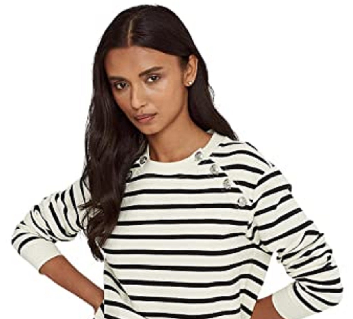राल्फ लॉरेन वीमेंस बटन ट्रिम स्ट्राइप्ड स्वेटशर्ट ब्लैक, साइज़ X-लार्ज