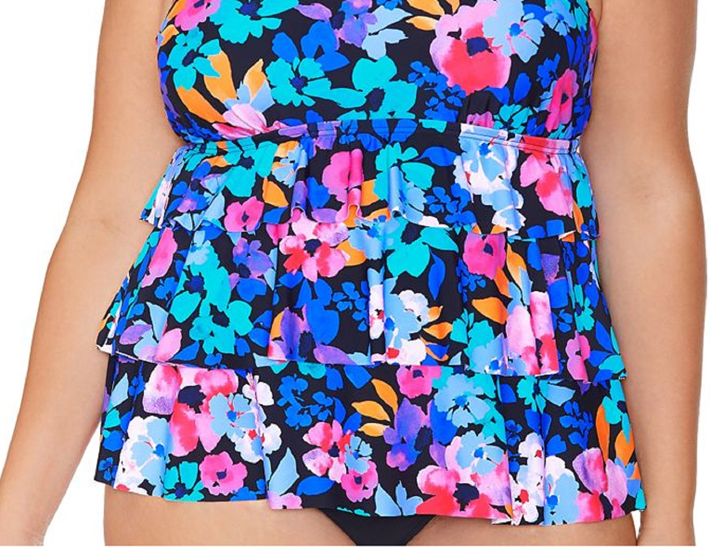 Island Escape Women's Plus Floral Print Tiered Underwire Tankini Top Swimsuit Black Size 16W