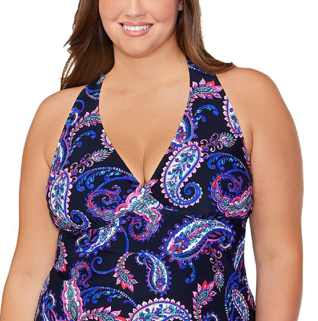 Island Escape Women's Plus Paisley Print Underwire Tankini Top Swimsuit Black