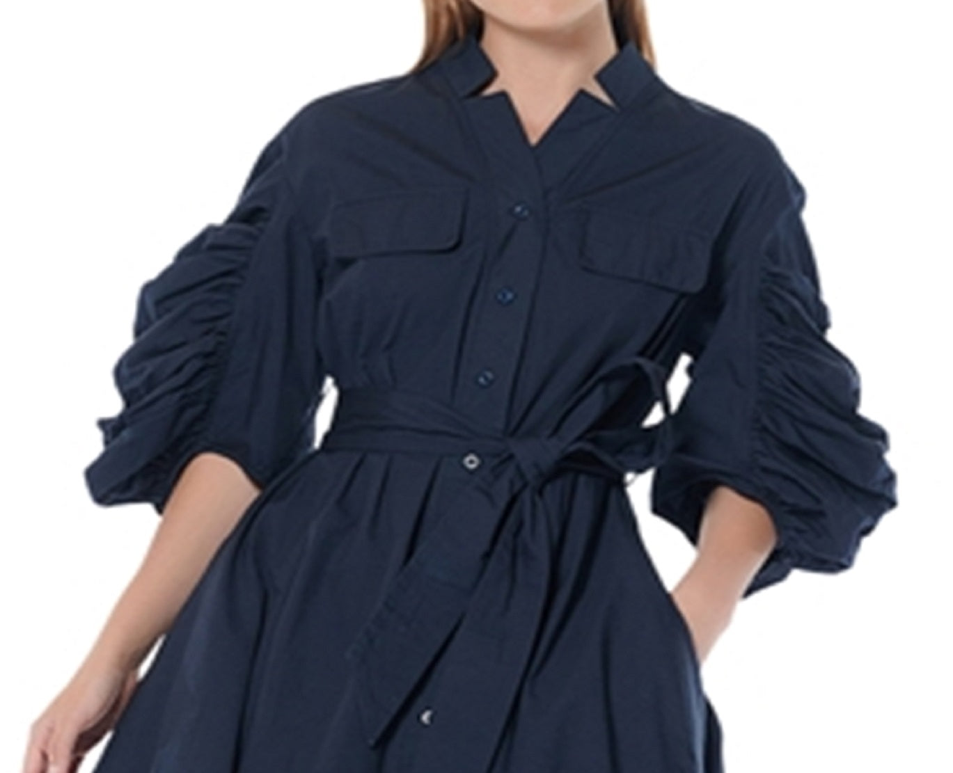 Gracia Women's Cotton Ruched Sleeve Shirt Dress Blue Size Small