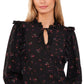 CeCe Women's Floral Ruffle Split Neck Blouse Black Size Small