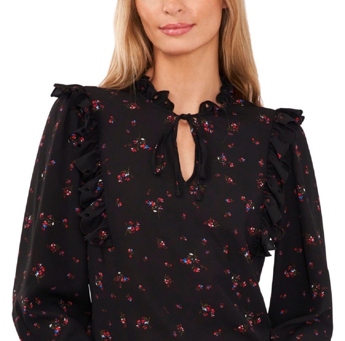 CeCe Women's Floral Ruffle Split Neck Blouse Black Size Small