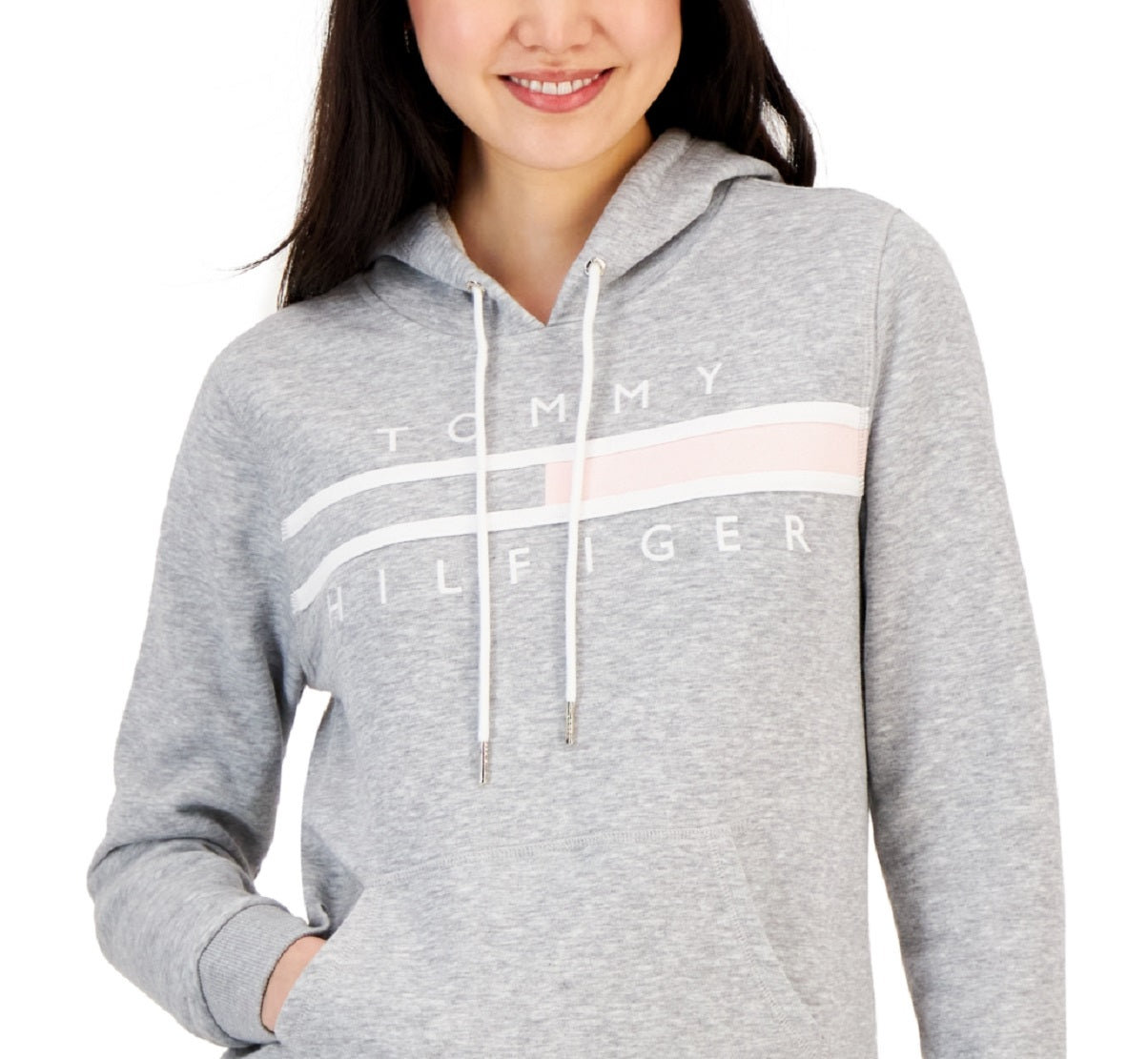 Tommy Hilfiger Women's Long Sleeve Front Pocket Logo Sweatshirt Gray Size X-Large