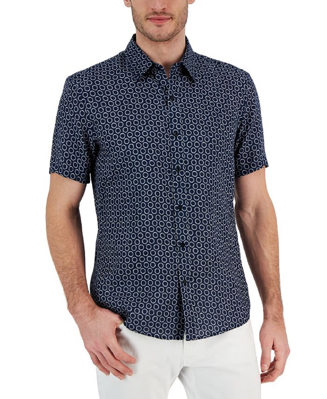 Michael Kors Men's Linen Printed Slim Fit Button Down Shirt Blue Size XX-Large