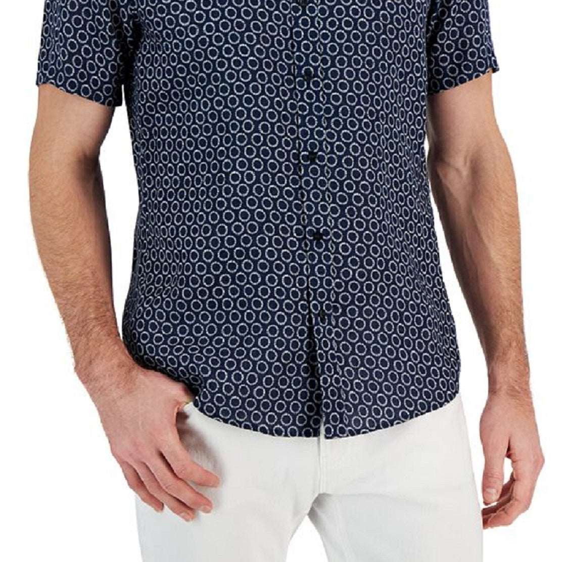 Michael Kors Men's Linen Printed Slim Fit Button Down Shirt Blue Size XX-Large