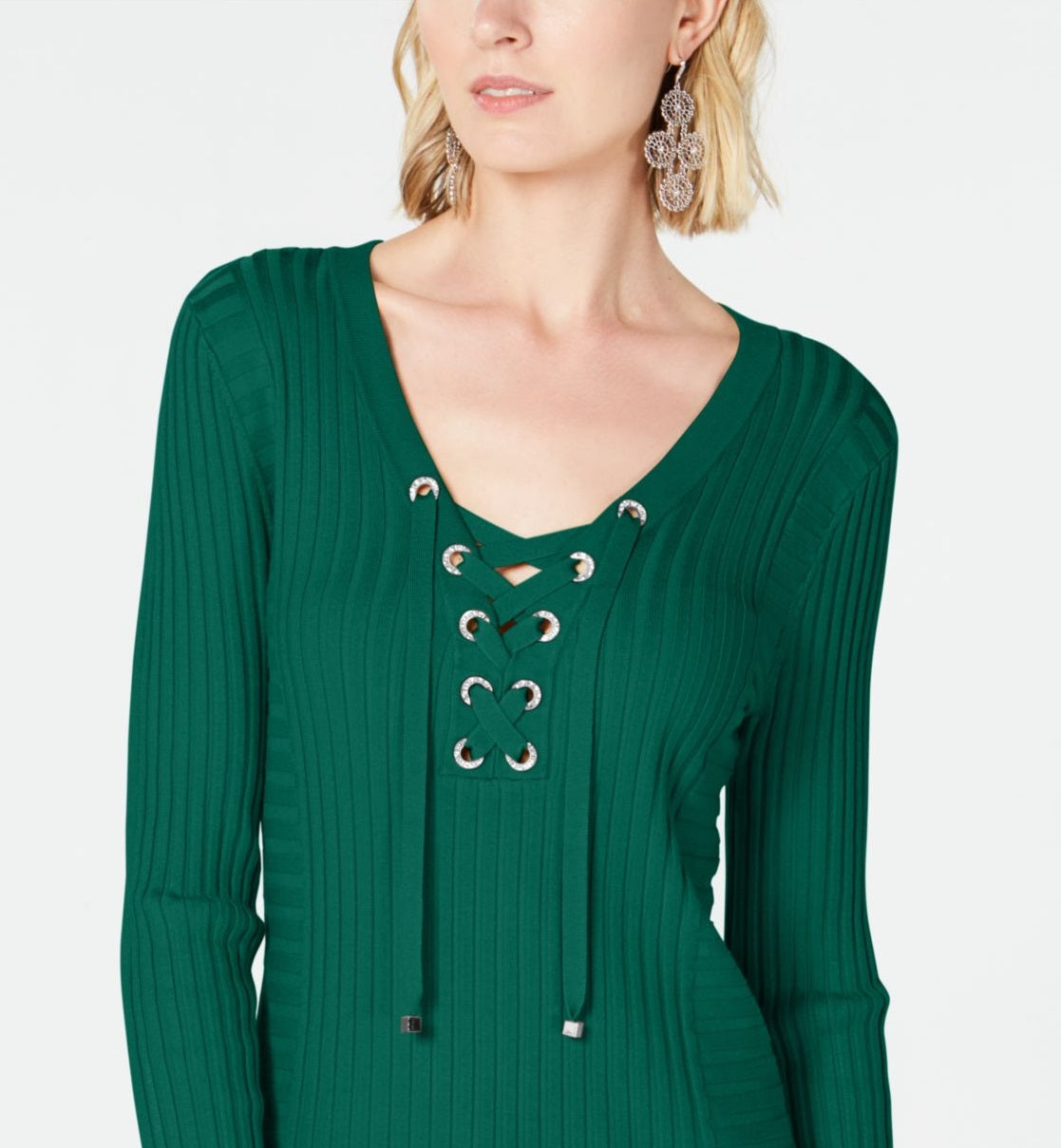 INC International Concepts Women's Ribbed Rhinestone Grommet Sweater Green Size Medium