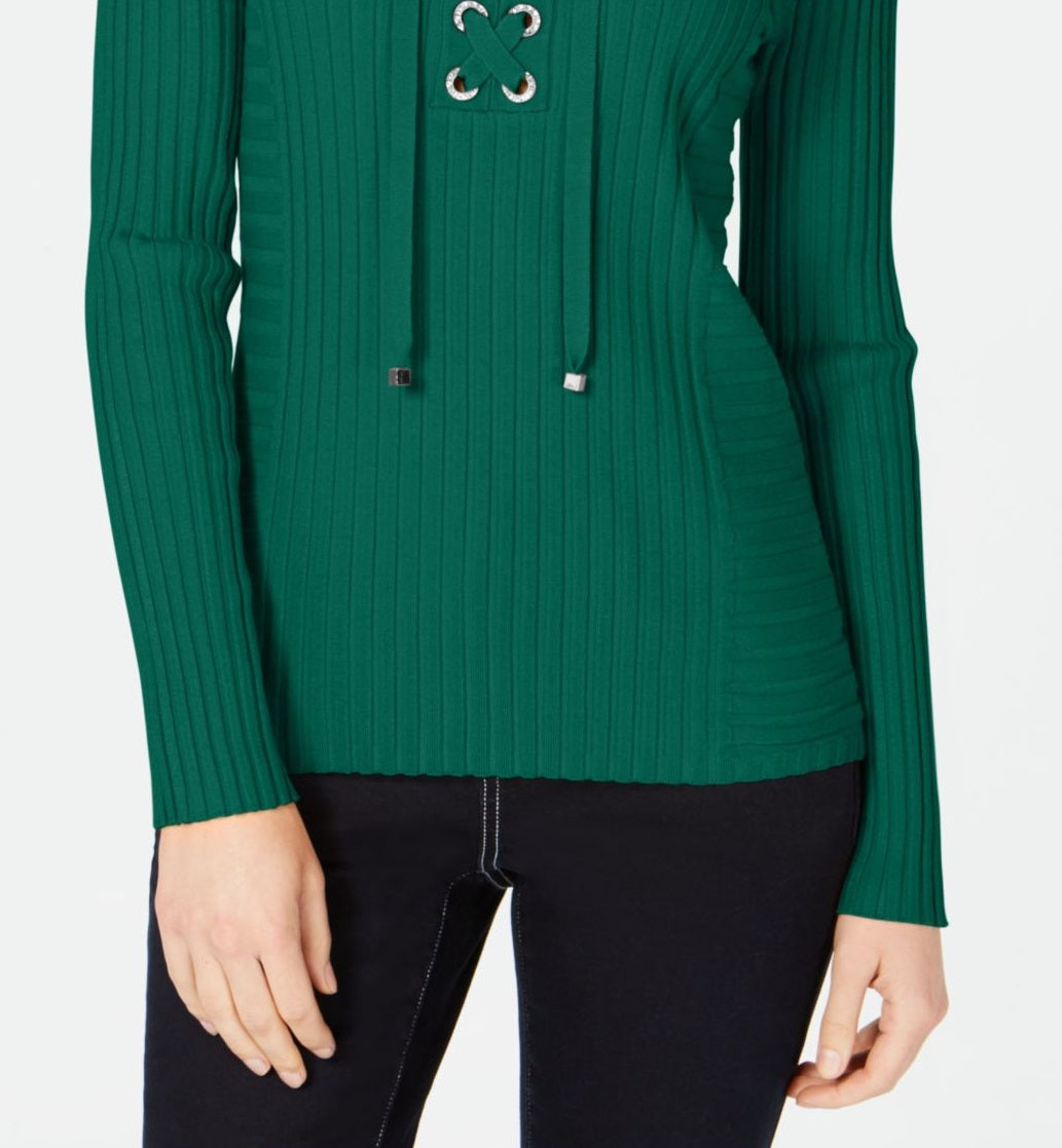 INC International Concepts Women's Ribbed Rhinestone Grommet Sweater Green Size Medium
