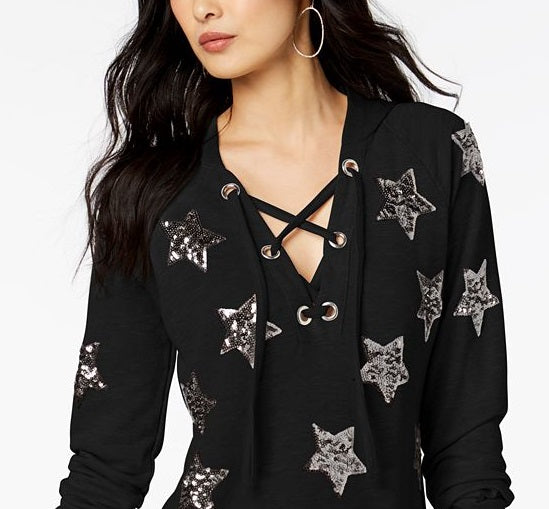 INC International Concepts Women's Embellished Star Hoodie Black Size Small