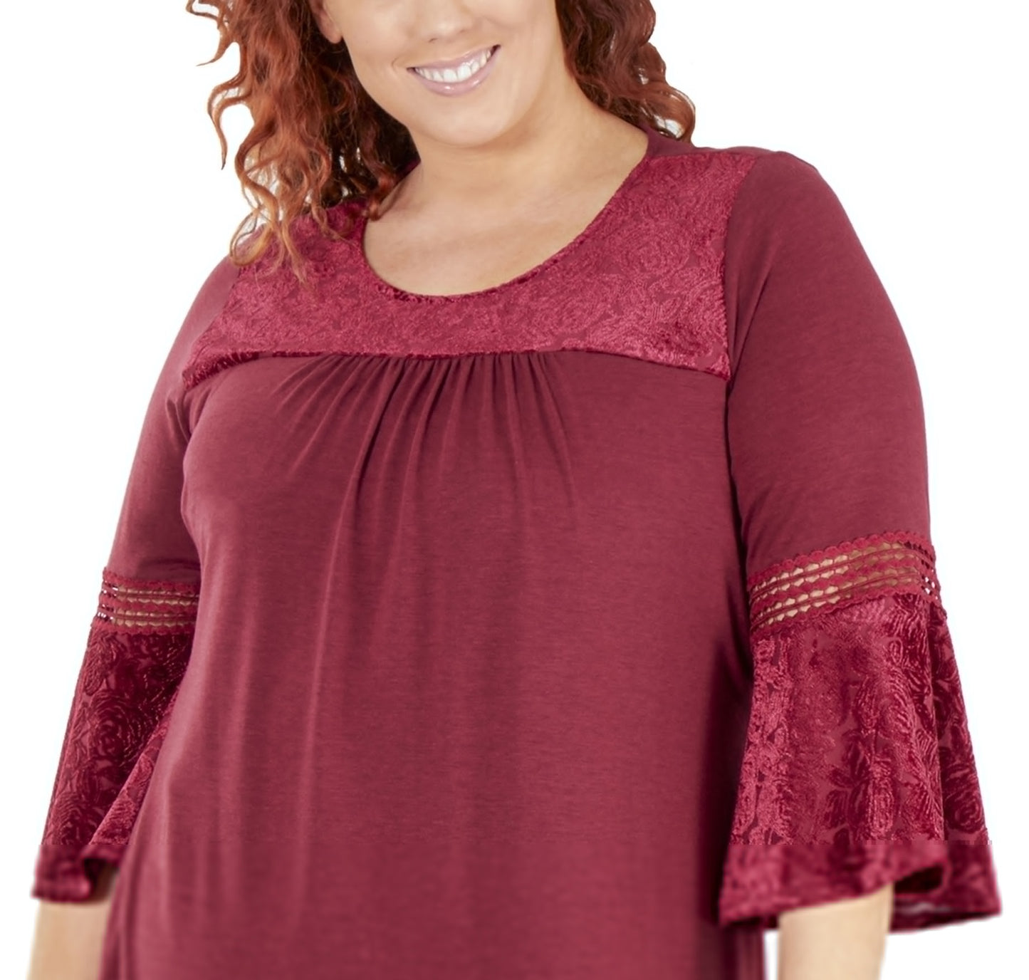 NY Collection Women's Plus Devore Crochet Trim Top Red Size 2X