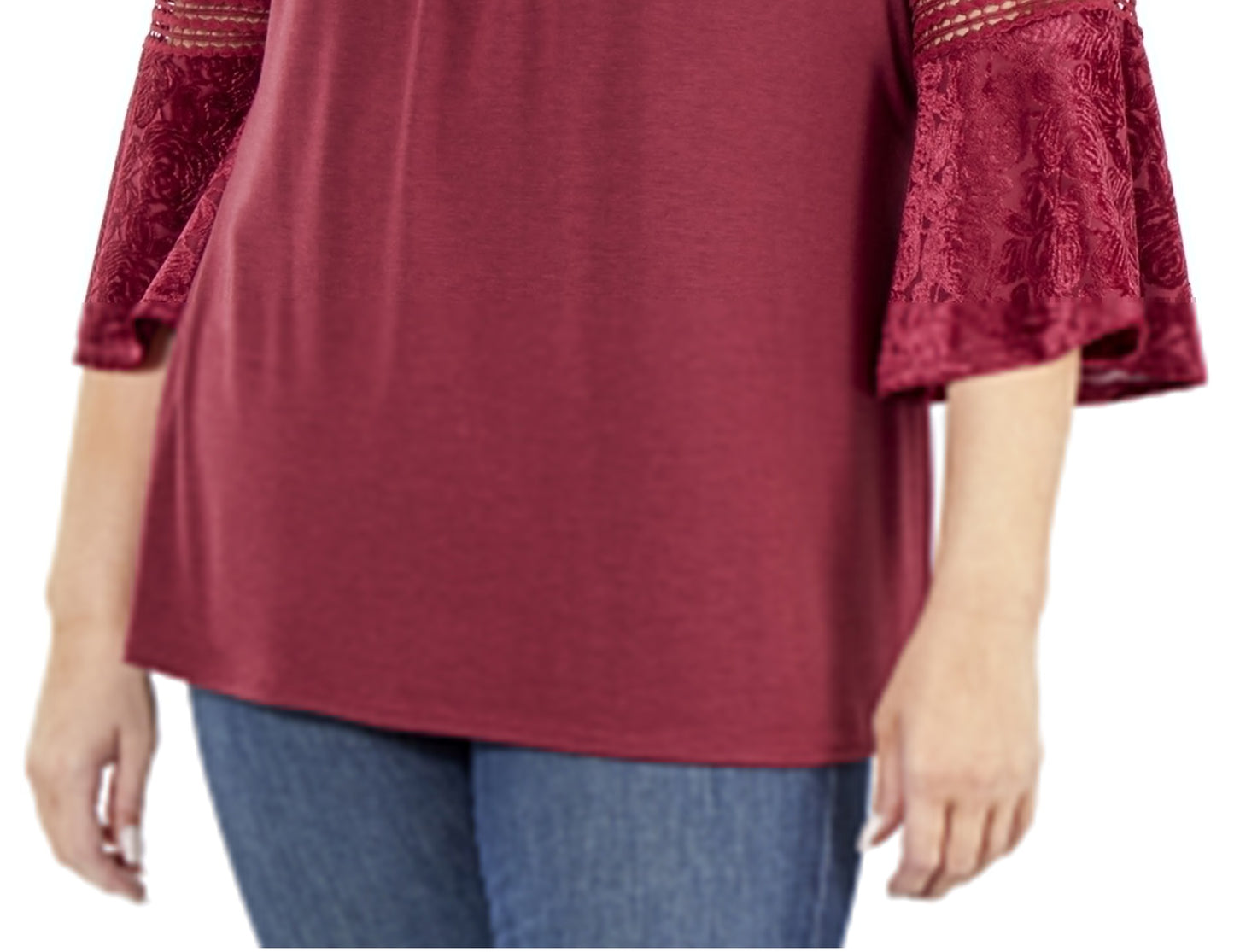 NY Collection Women's Plus Devore Crochet Trim Top Red Size 2X