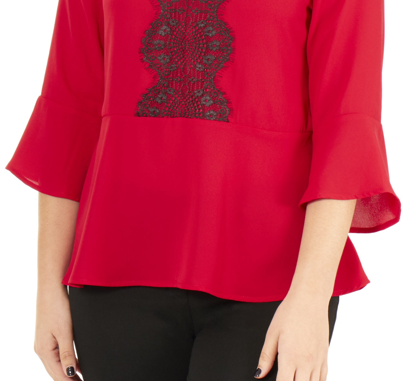 NY Collection Women's 3/4 Bell Sleeve Peplum Top Red Size Petite Large
