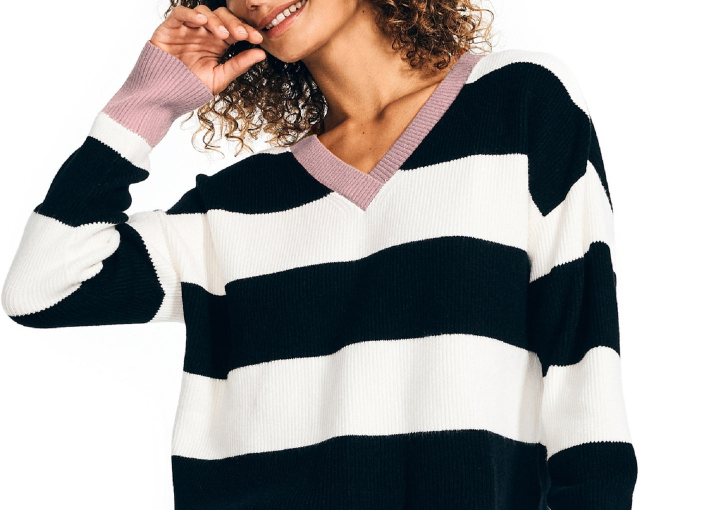 Nautica Women's Striped V Neck Sweater Black Size Small