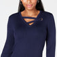 JM Collection Women's Grommet Trim V Neck Top Blue Size Medium