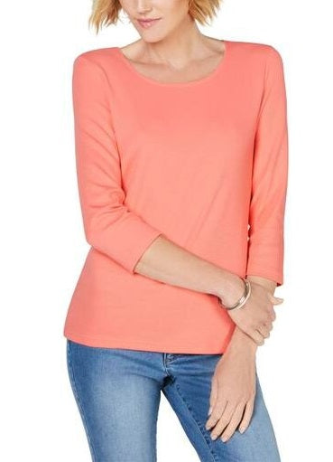Karen Scott Women's Scoop Neck Three Quarter Sleeves Pullover Top Orange Size XX-Large